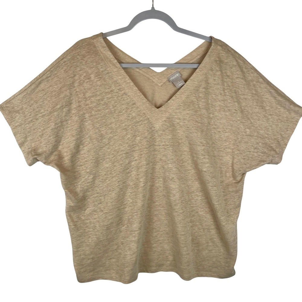 Chico's 2 Tan Beige 100% Linen Dolman Short Sleeve T Shirt Top Casual Neutral L